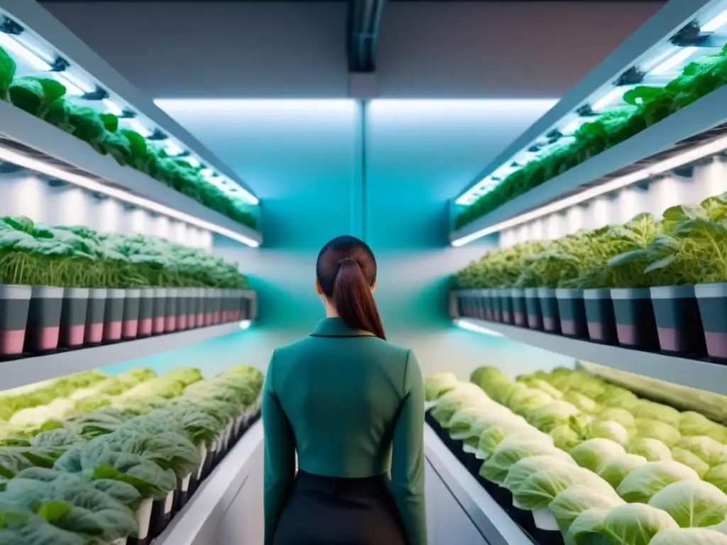 Un vertical jardín lleno de cultivos verdes bajo una luz natural, mostrando los beneficios de la agricultura vertical