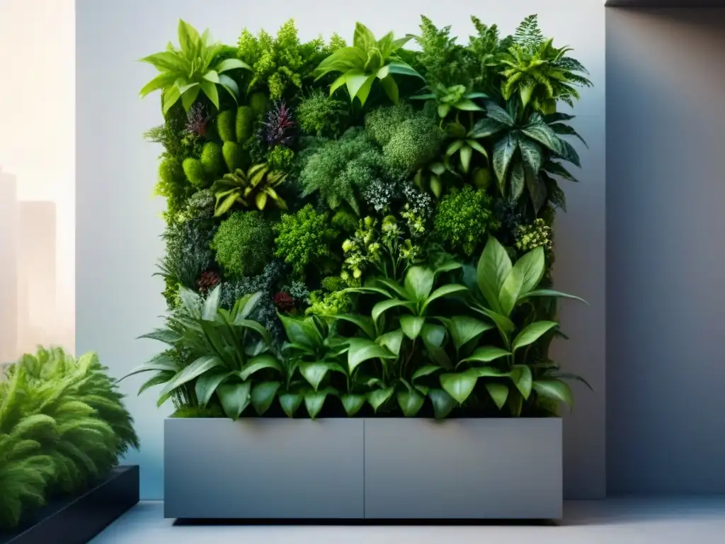 Un jardín vertical moderno y futurista en la ciudad con productos innovadores para huerto urbano