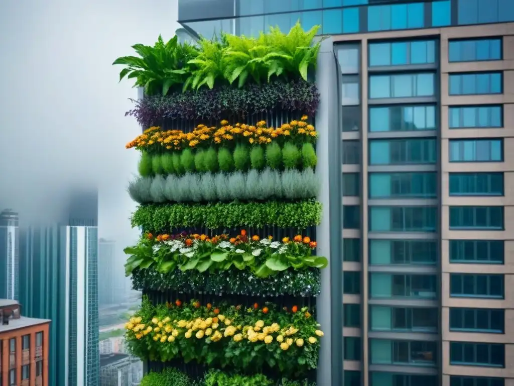 Un jardín vertical vibrante y exuberante en un edificio moderno en el corazón de la ciudad