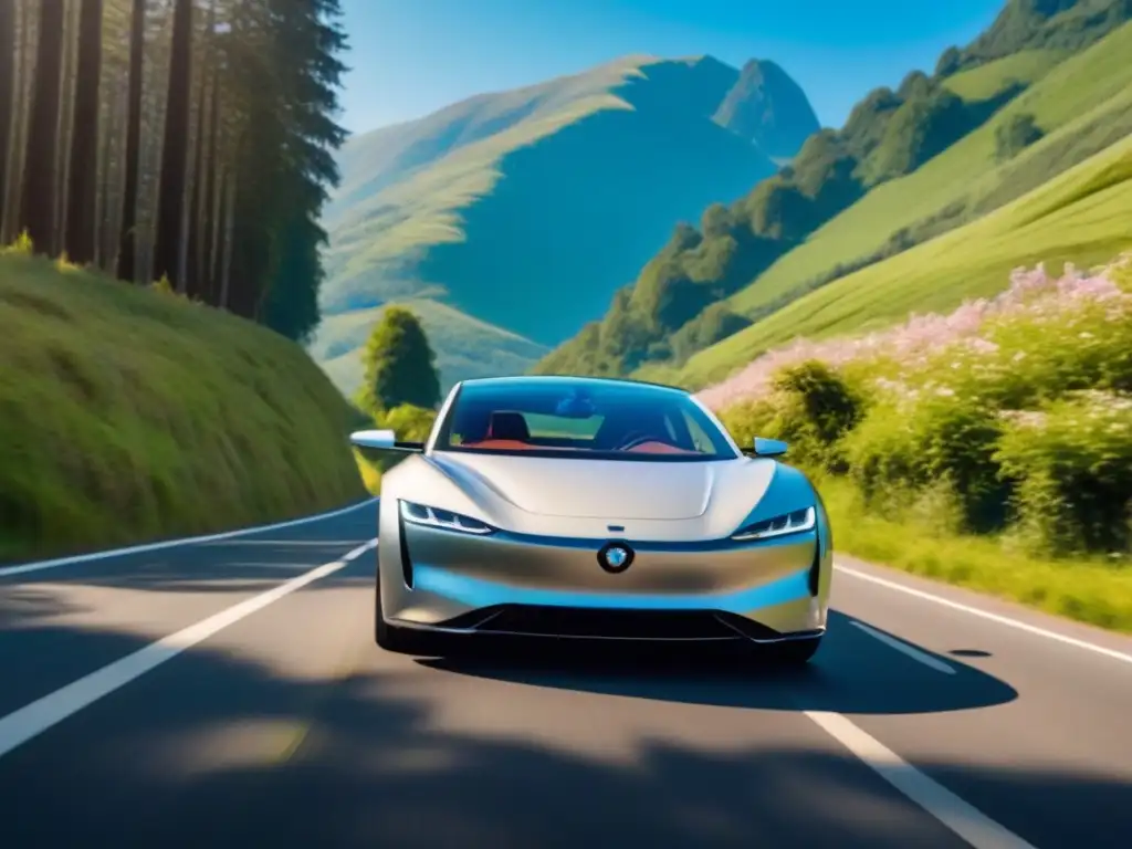 Viaje de lujo sostenible en auto eléctrico plateado por sinuosa carretera montañosa, rodeado de exuberante vegetación