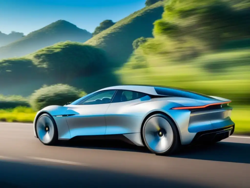 Viaje de negocios sostenible impacto: coche eléctrico futurista plateado en carretera rodeado de naturaleza exuberante bajo cielo azul claro