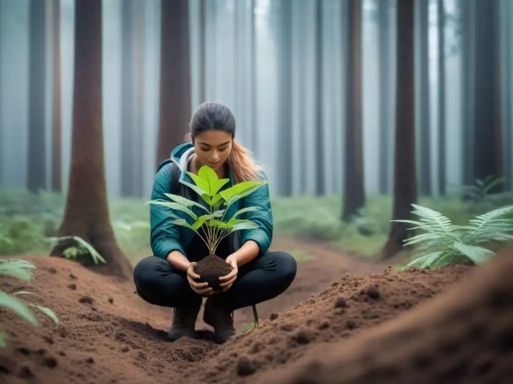 Viajero planta un árbol en un bosque exuberante, simbolizando la reforestación participativa