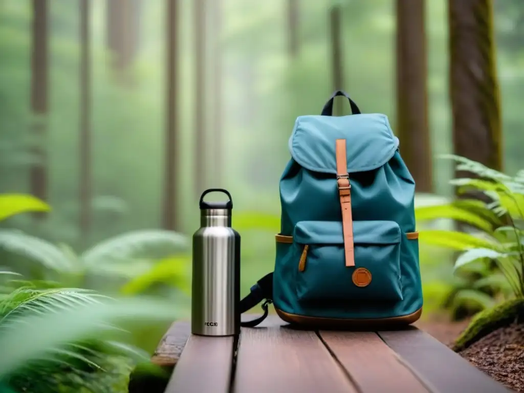 Viajero empacando de forma sostenible en un bosque verde