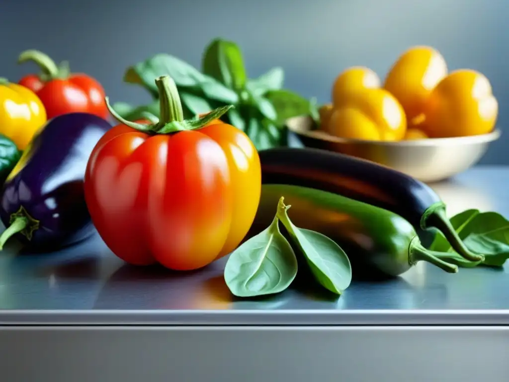 Un vibrante banquete de vegetales frescos en una cocina moderna, inspirando la reducción del desperdicio de alimentos