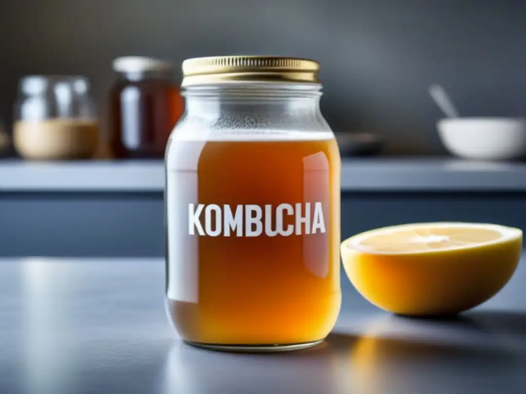 Vibrante kombucha casera burbujeante en tarro de vidrio sobre encimera moderna iluminada