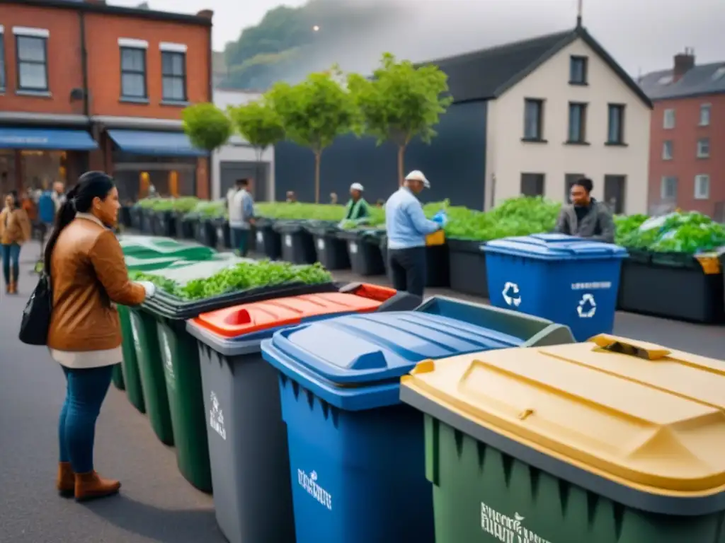 Una vibrante calle de la ciudad donde personas de diversas edades y etnias participan activamente en actividades de reciclaje