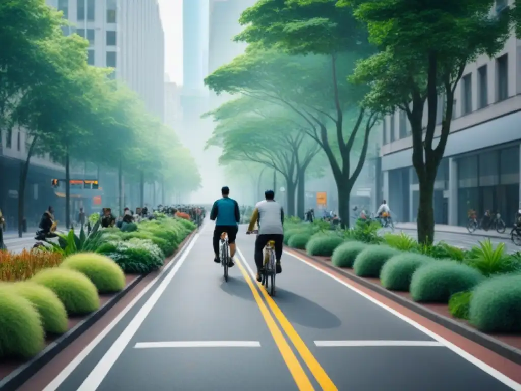 Armonía urbana: convivencia sostenible entre ciudad y biodiversidad Vibrante calle urbana con biodiversidad, mostrando la importancia de la movilidad sostenible