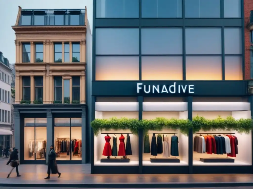 Vibrante calle urbana con marcas sostenibles de moda futurista en escaparates