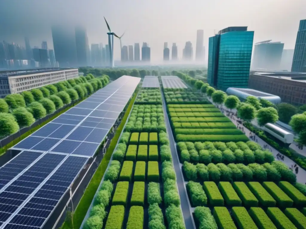 Una vibrante ciudad con jardines en azoteas verdes, paneles solares y turbinas eólicas, integrando naturaleza en la planificación urbana sostenible