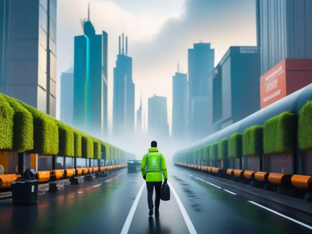 Vanguardia urbana: tecnologías sostenibles en Europa Vibrante ciudad futurista europea con tecnologías sostenibles de reducción de residuos integradas, destacando directivas verdes