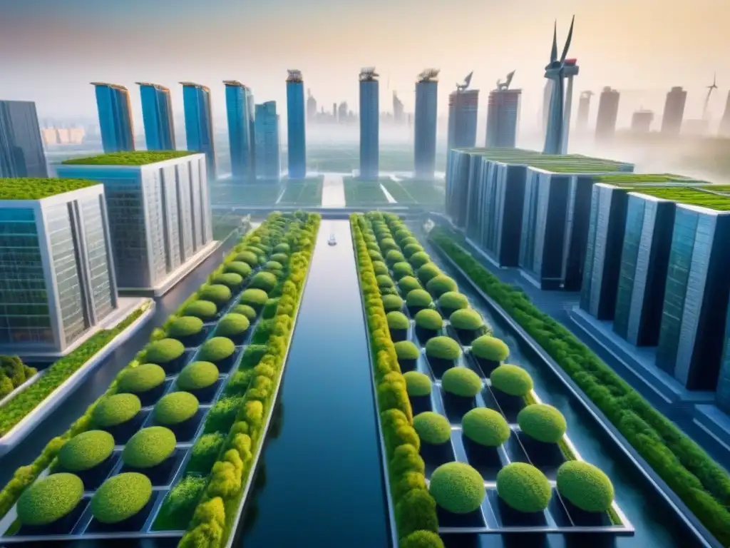 Vibrante ciudad futurista con arquitectura sostenible, vehículos eléctricos y jardines verticales, ideal para ferias de innovación sostenible