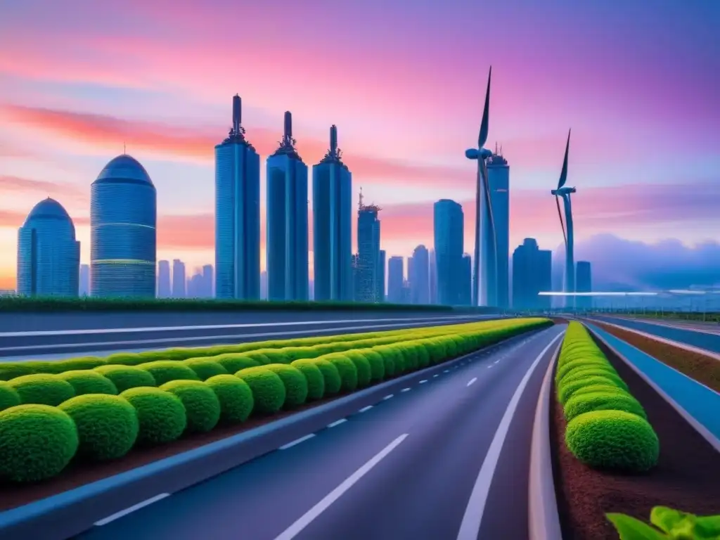 Vibrante ciudad futurista al atardecer con tecnología para urbanismo verde