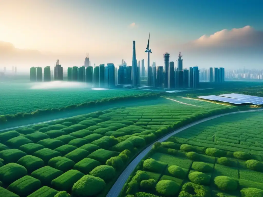 Vibrante ciudad futurista con tecnología, naturaleza y sostenibilidad, reflejando Big Data en sostenibilidad eco