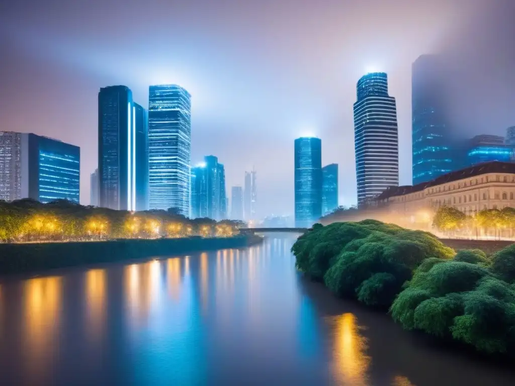 Vibrante ciudad nocturna con rascacielos iluminados por LED, rodeados de naturaleza y paneles solares