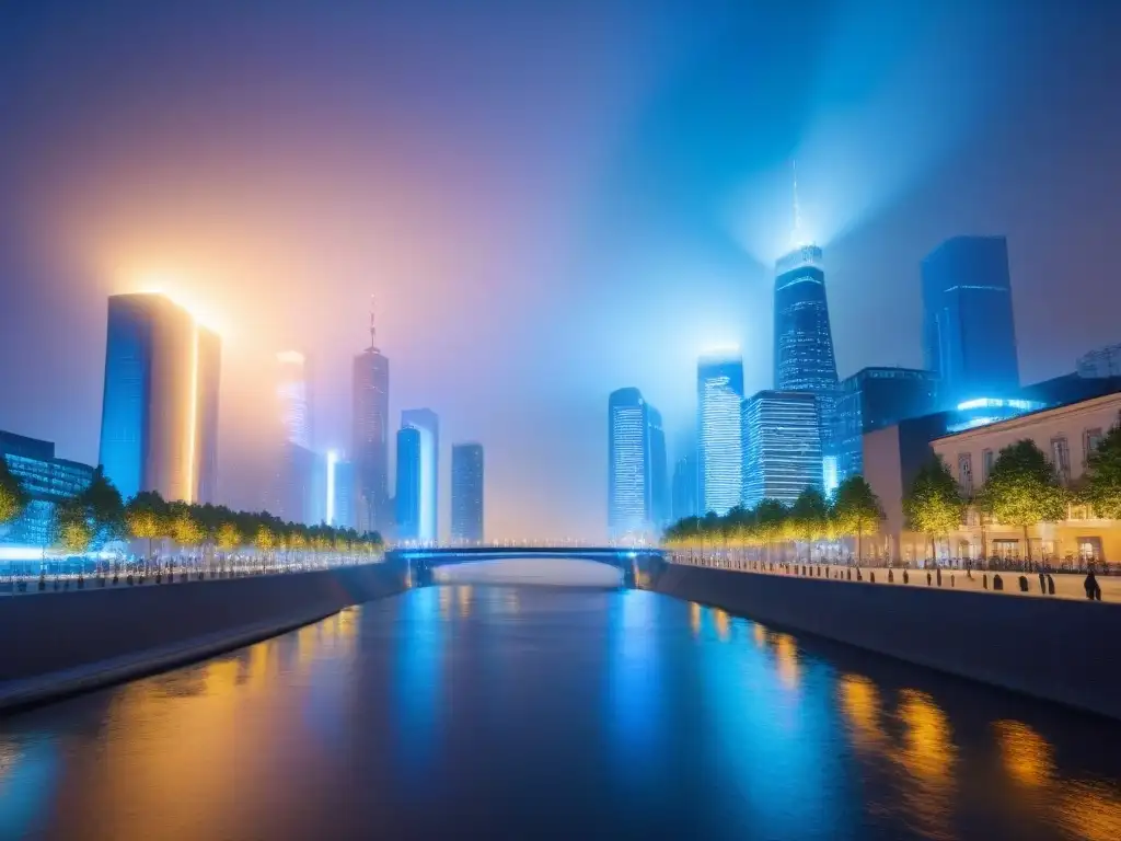 Metrópolis vibrante: luces nocturnas y río sereno Vibrante ciudad nocturna con rascacielos iluminados y río sereno, reflejando luz