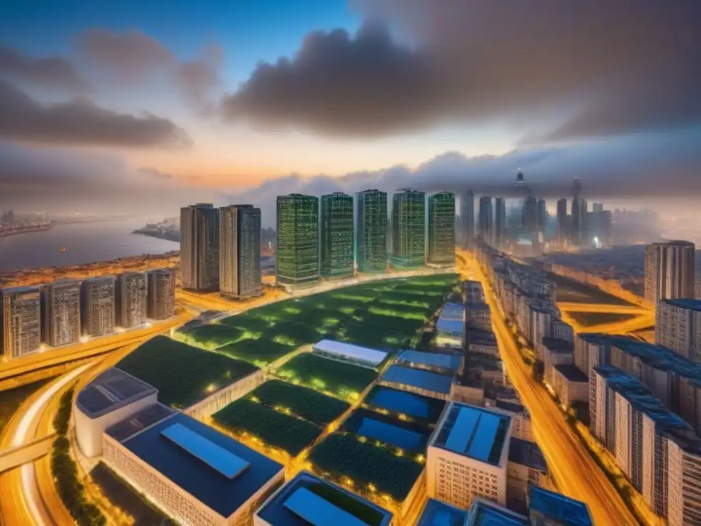 Metrópolis ecoamigable: reciclaje integrado en la ciudad Vibrante ciudad nocturna con rascacielos iluminados y sistemas de reciclaje integrados, simbolizando la coexistencia de vida urbana moderna y prácticas ecofriendly