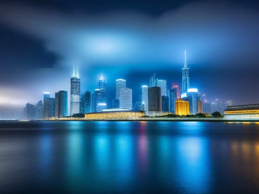 Vibrante ciudad nocturna con rascacielos modernos iluminados, reflejados en agua serena