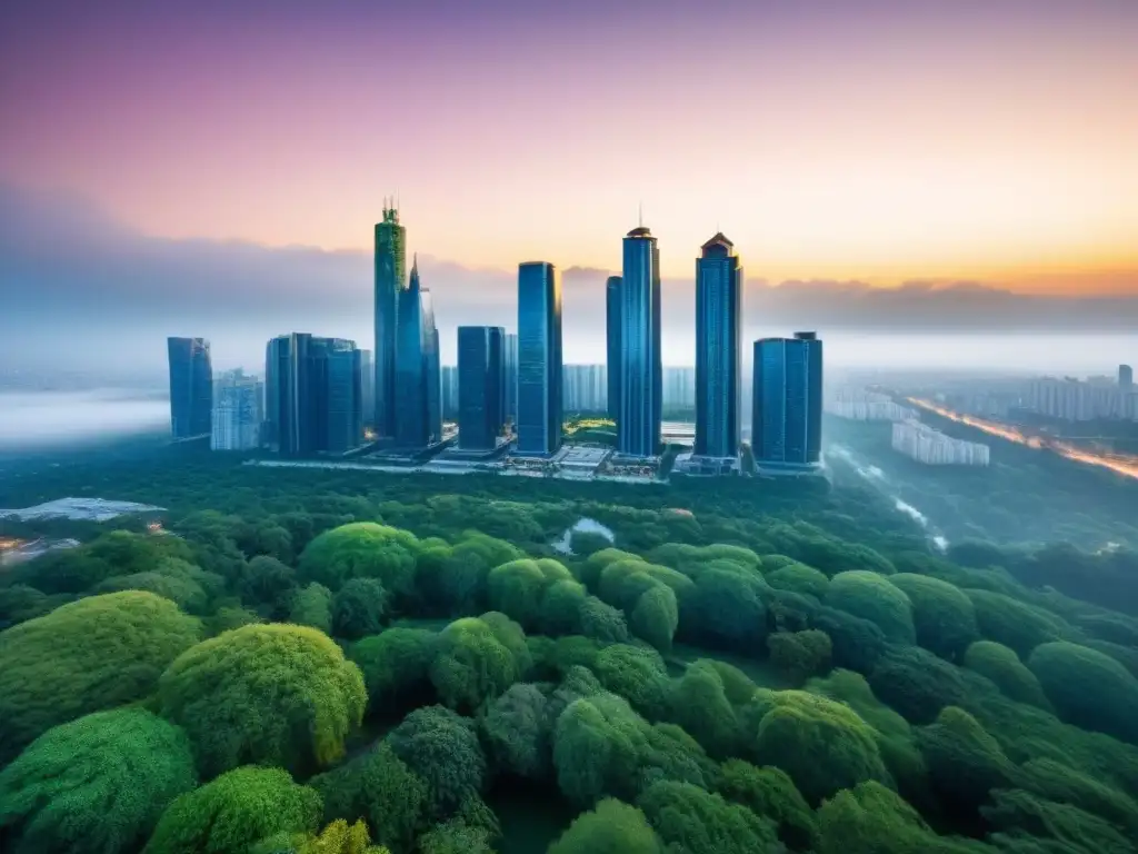 Vibrante ciudad nocturna con rascacielos modernos iluminados y áreas verdes, simbolizando la economía circular en ciudades sostenibles