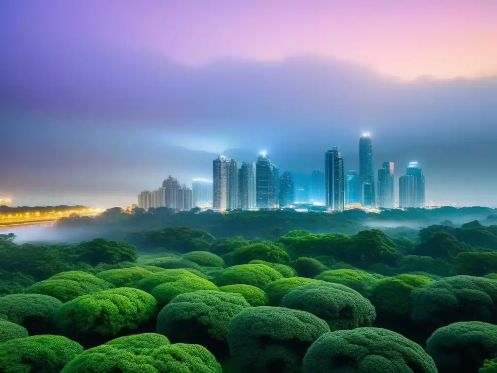 Vibrante ciudad al anochecer, con rascacielos iluminados, tráfico y un parque sereno