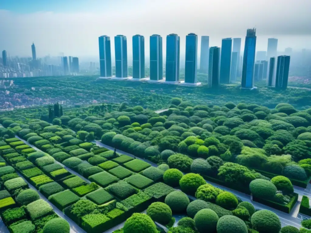 Vibrante ciudad con rascacielos verdes y árboles en calles, fusionando naturaleza y arquitectura urbana