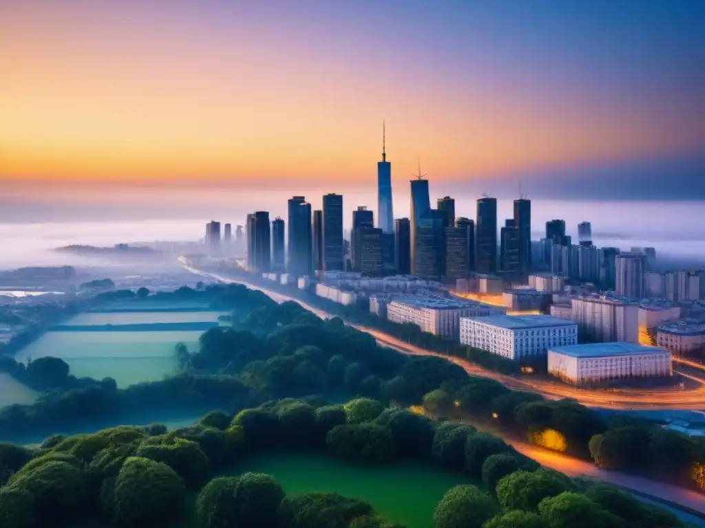 Vibrante ciudad sostenible en armonía con la naturaleza, iluminada por luces doradas al atardecer