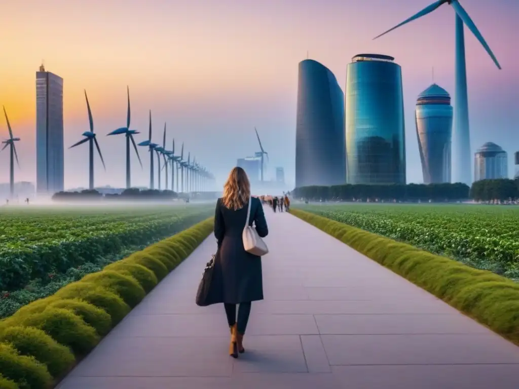 Vibrante ciudad sostenible al atardecer con edificios modernos y energías renovables, reflejando la economía circular en ciudades sostenibles