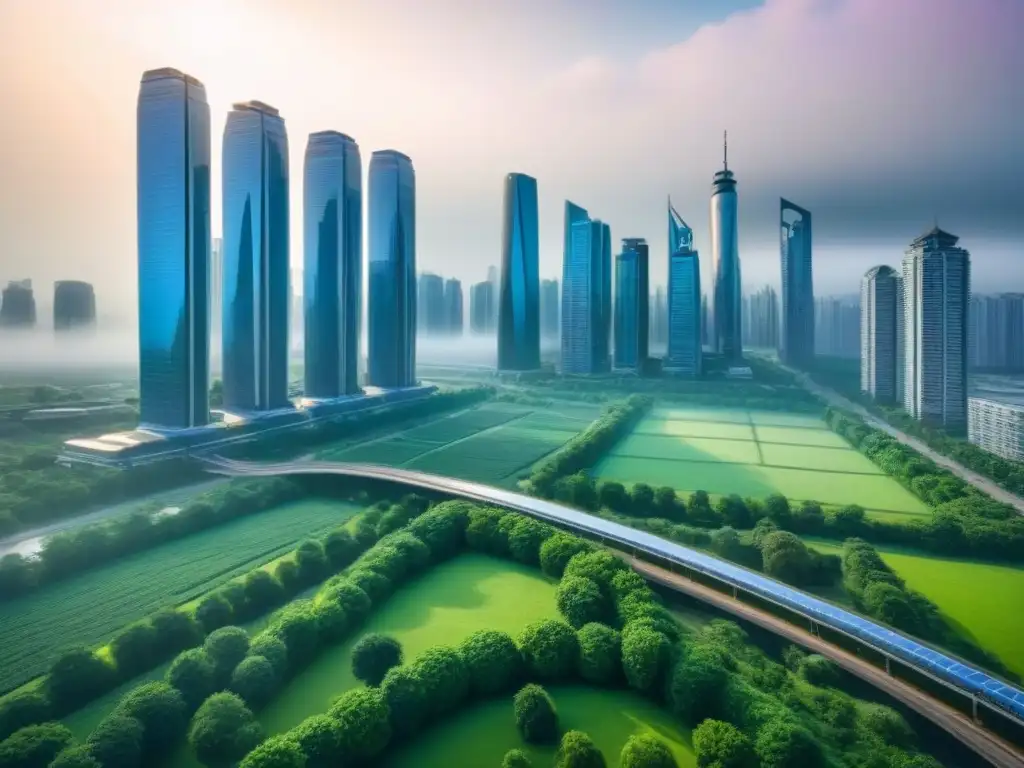 Vibrante ciudad sostenible con economía circular y diseño minimalista