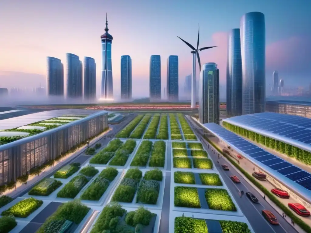 Vibrante ciudad sostenible del futuro con tecnología y naturaleza en armonía