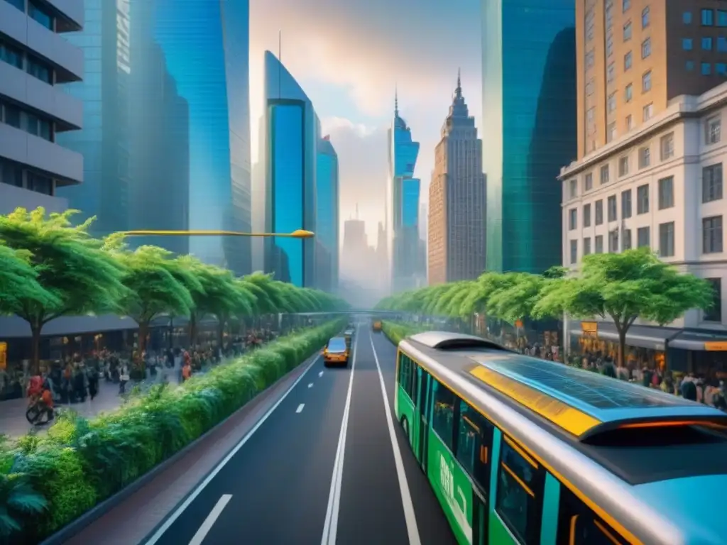Metrópolis verde: armonía entre naturaleza y modernidad Vibrante ciudad verde con movilidad sostenible y biodiversidad