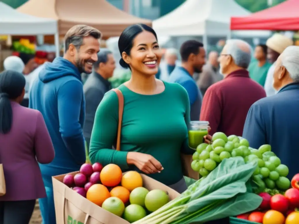 Una ilustración vibrante de una comunidad diversa en un mercado agrícola colorido, promoviendo campañas de alimentación sostenible ecofriendly