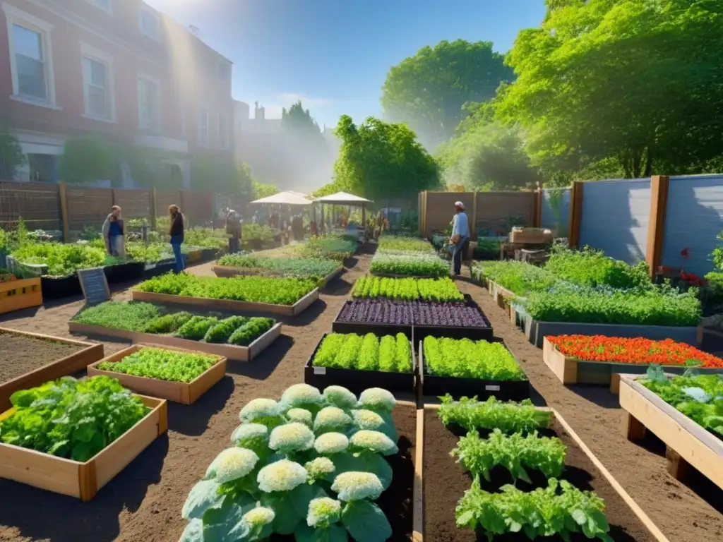 Una vibrante comunidad sostenible: coloridas flores, frutas y verduras en un jardín comunitario