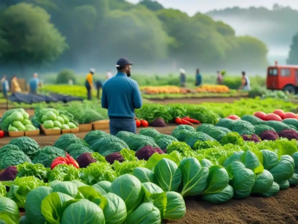 Un vibrante jardín comunitario con diversidad de personas cosechando alimentos sostenibles, zero waste