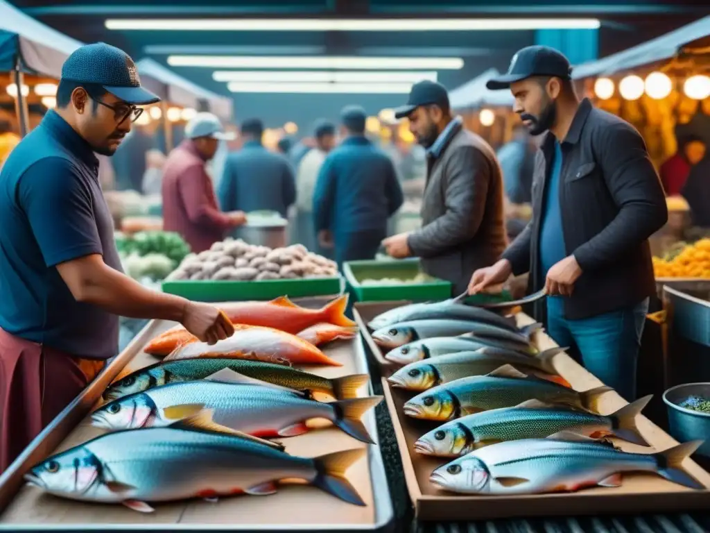 Vibrante ilustración detallada de un bullicioso mercado de pescado, promoviendo el consumo responsable y sostenible