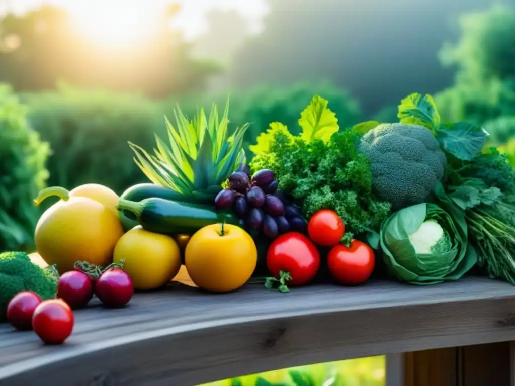 Un jardín vibrante y diverso lleno de frutas y verduras coloridas bajo el sol