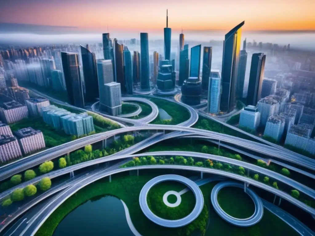 Vibrante ilustración de una economía circular en ciudades sostenibles con loops interconectados que simbolizan la reutilización de recursos