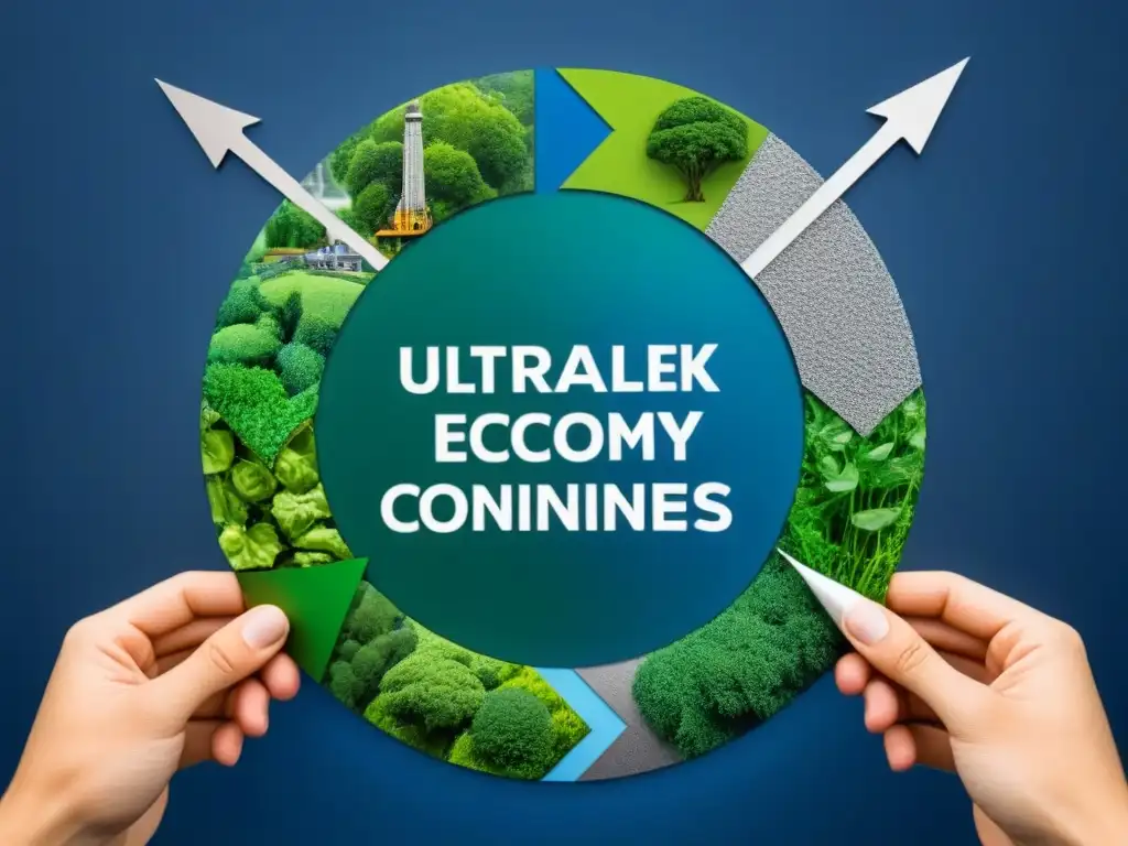 Vibrante ilustración de economía circular en acción, con recursos reciclados y reutilizados en un ciclo armonioso