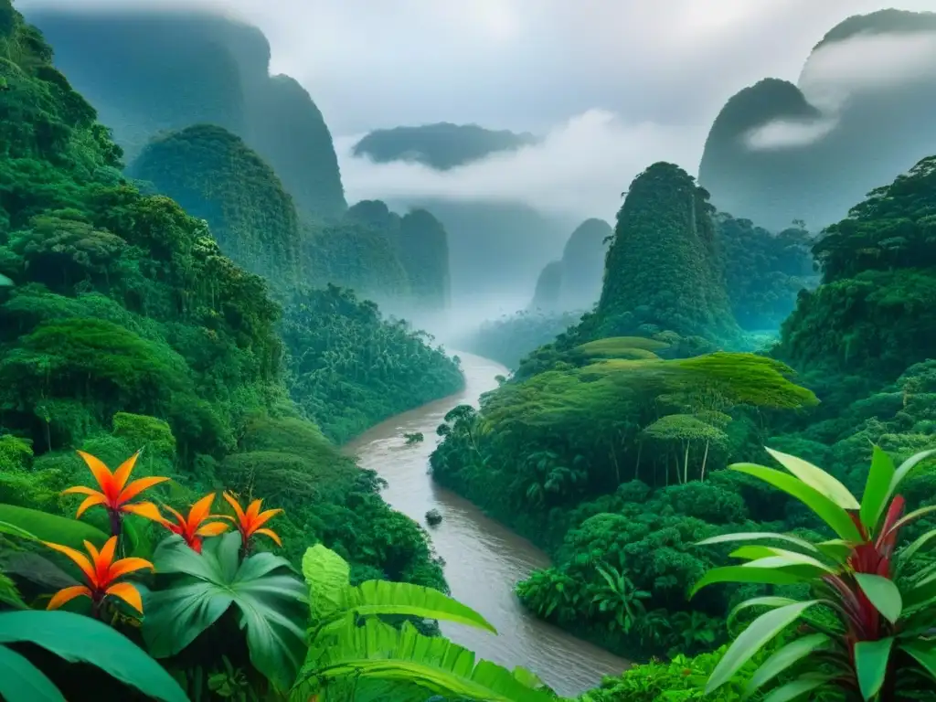 Ecosistema diverso y colorido: la belleza de la biodiversidad Un vibrante ecosistema de selva tropical que destaca la biodiversidad y el impacto del desperdicio de alimentos