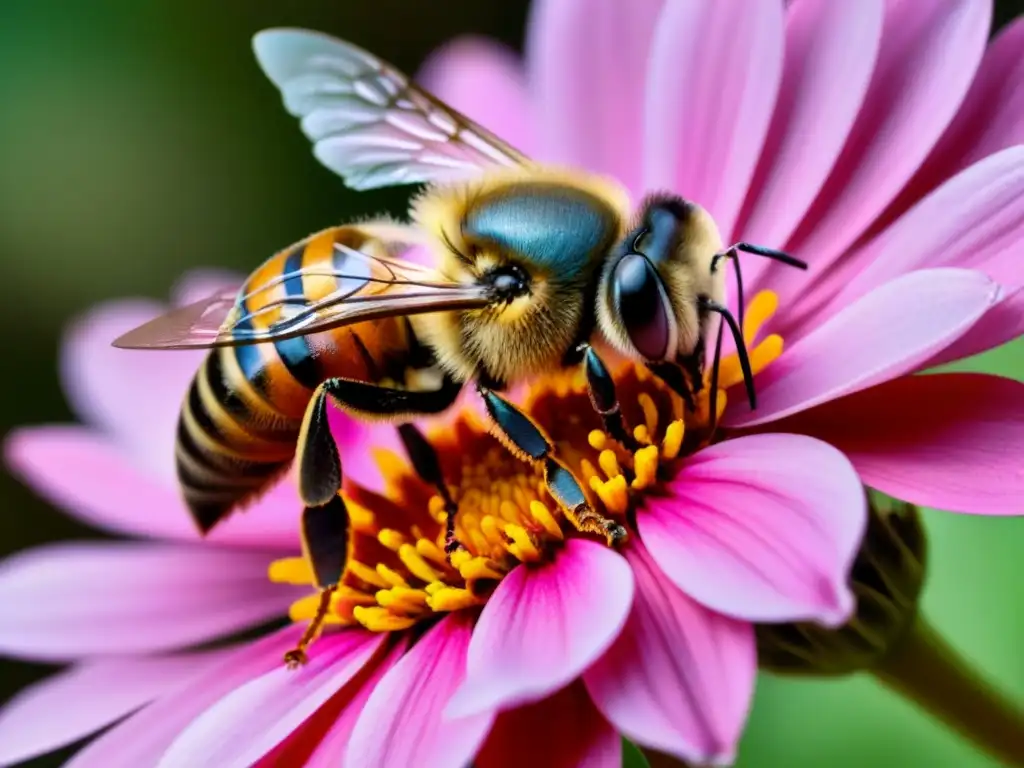 Vibrante escena de polinización: abeja recolectando polen en flor rosa, resaltando la importancia de las abejas en la producción de alimentos