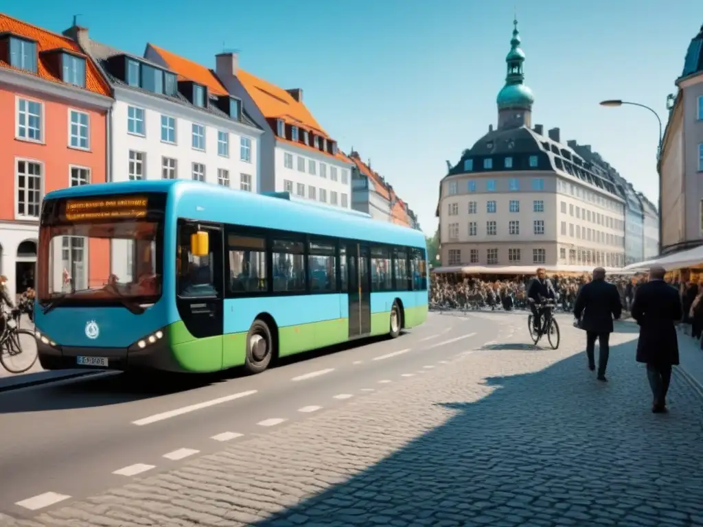 Vibrante escena urbana en Copenhague con movilidad urbana sostenible y arquitectura danesa icónica bajo cielo azul