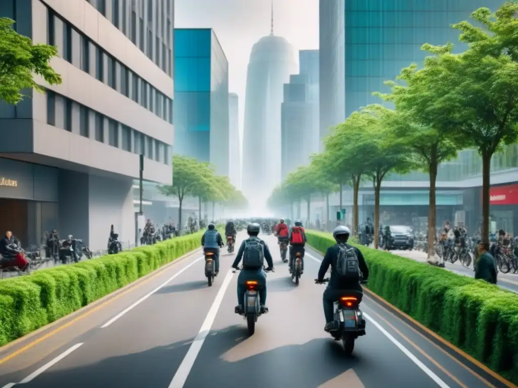 Escena urbana sostenible: armonía entre ciudad y naturaleza Vibrante escena urbana con movilidad sostenible y biodiversidad, promoviendo equilibrio y conciencia eco