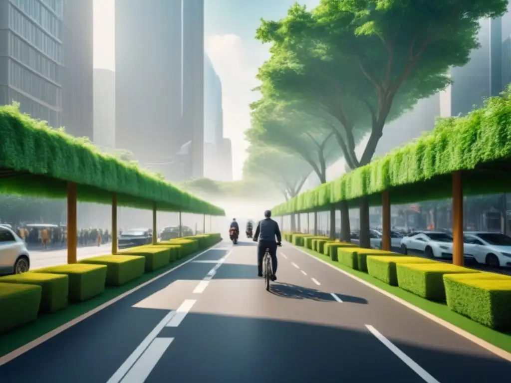 Vibrante escena urbana verde con innovaciones en movilidad sostenible: autos eléctricos, bicicletas y peatones bajo árboles y paneles solares