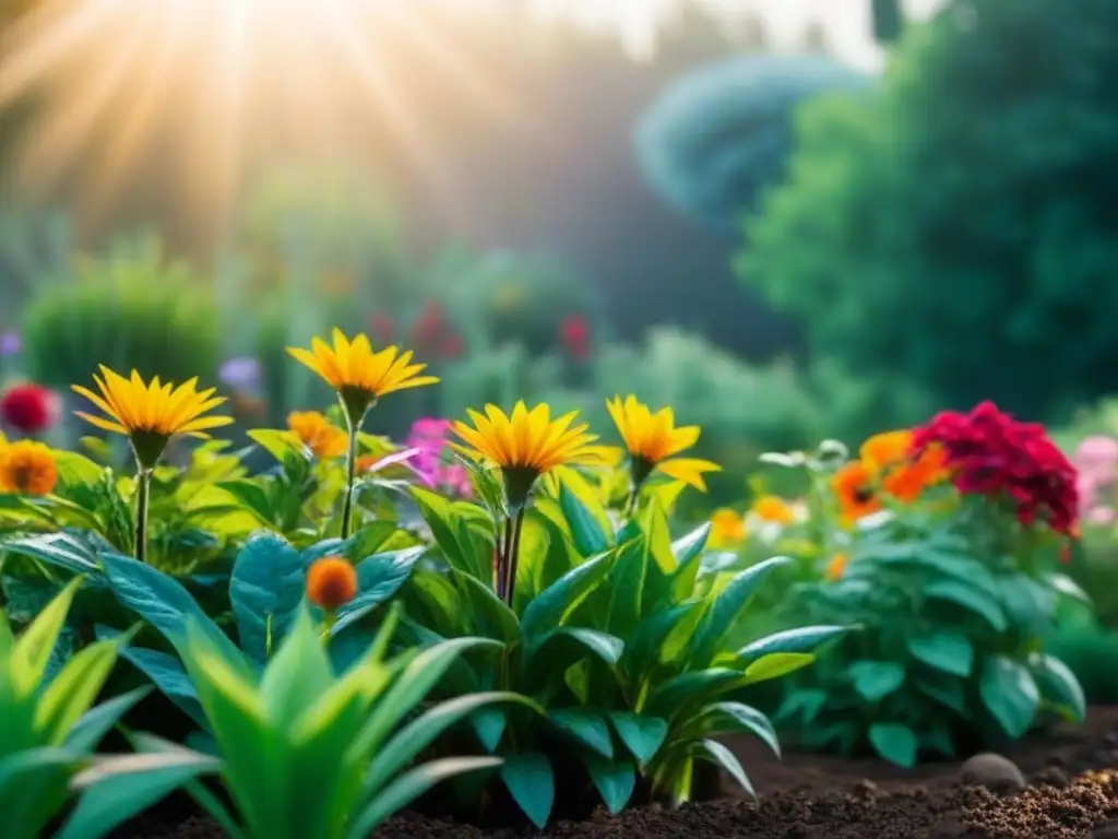 Un jardín vibrante y exuberante con flores y plantas coloridas siendo regadas por un sistema de riego por goteo eficiente, bajo el brillante sol