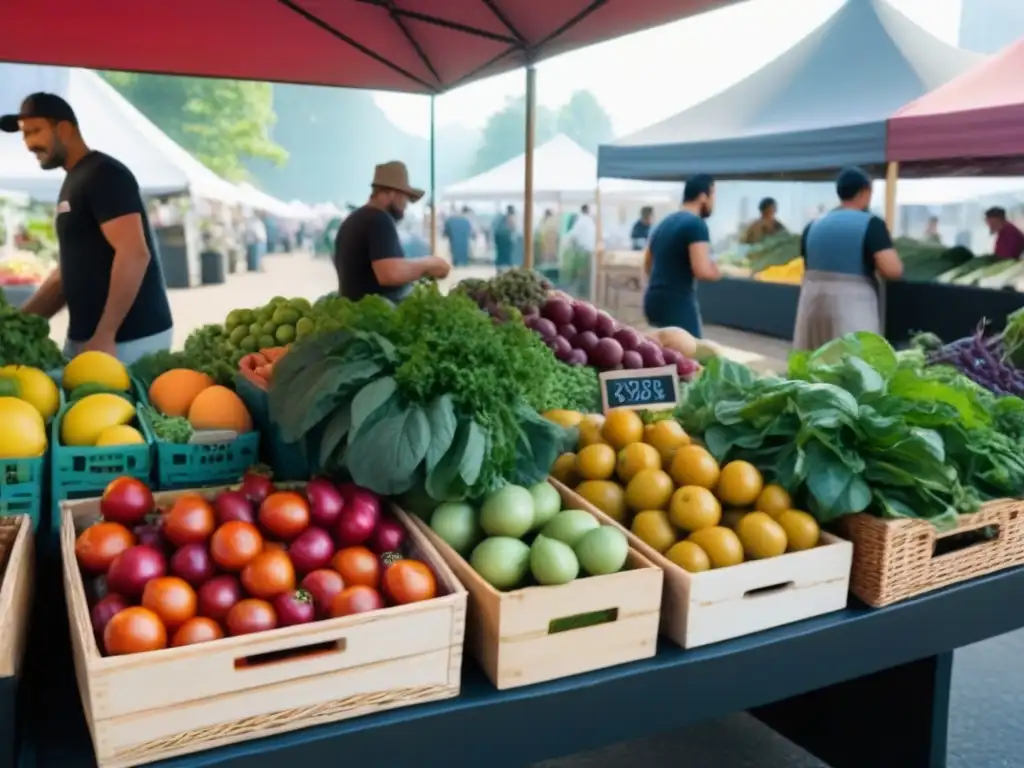 Una vibrante feria de agricultores con frutas, verduras y hierbas coloridas