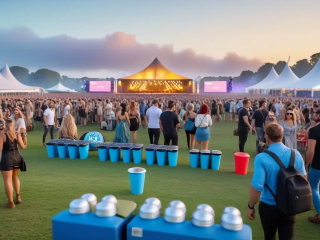 Vibrante festival zero waste música ambiental con diversidad de asistentes disfrutando de música en campo verde bajo cielo azul claro