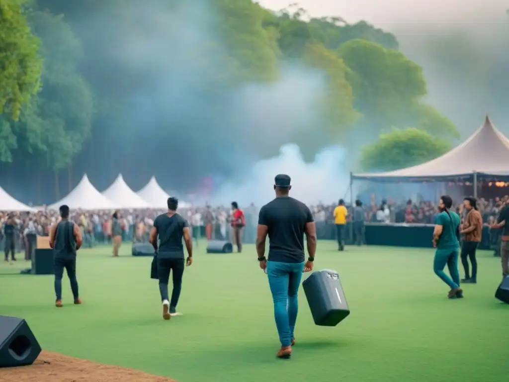 Un vibrante festival ecofriendly con diversidad de personas disfrutando de música y actividades sostenibles