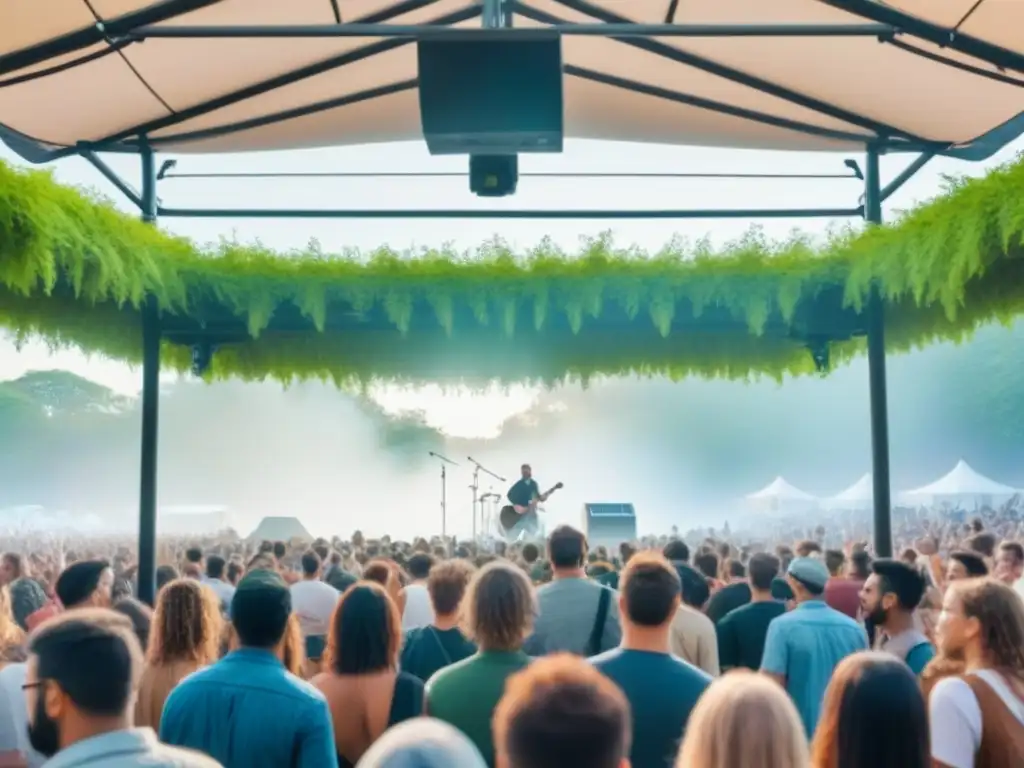 Un vibrante festival sostenible entre árboles, con energía solar y vasos reciclables