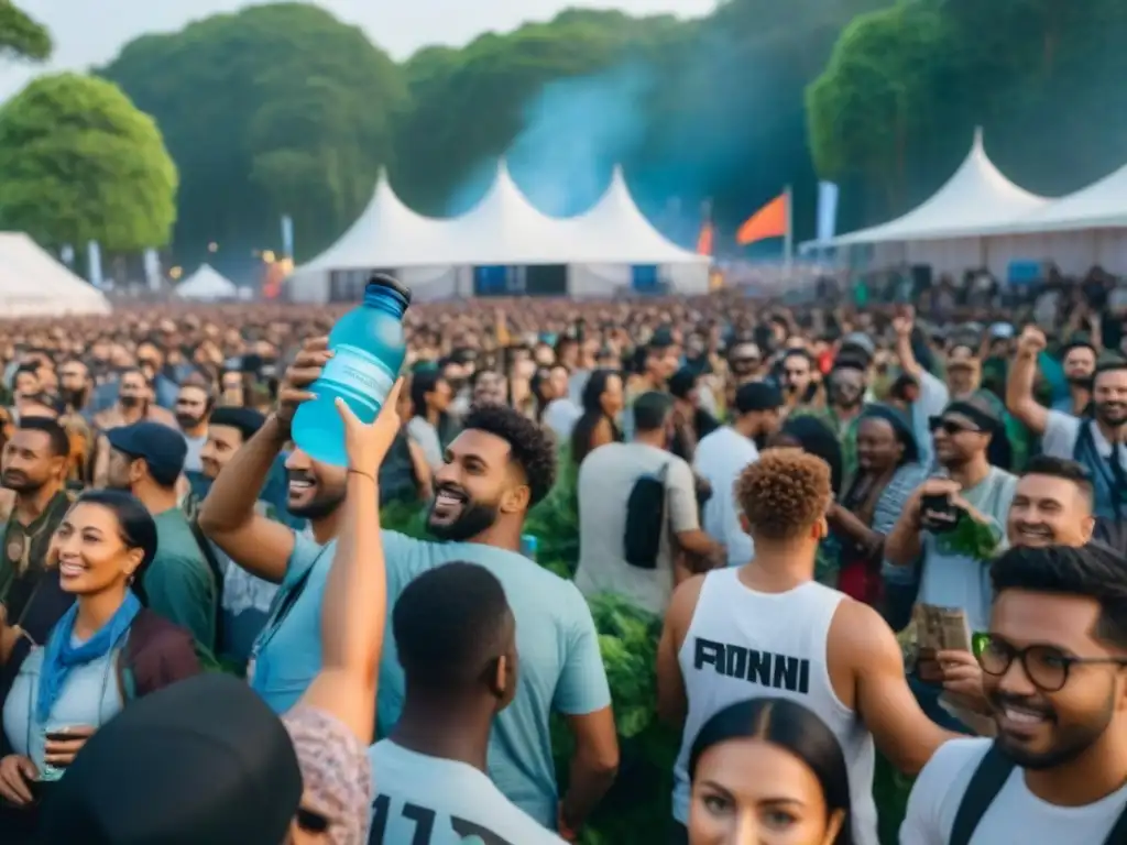 Un vibrante festival de música sostenible: multitud diversa con botellas reutilizables y sonrisas, rodeados de naturaleza y paneles solares