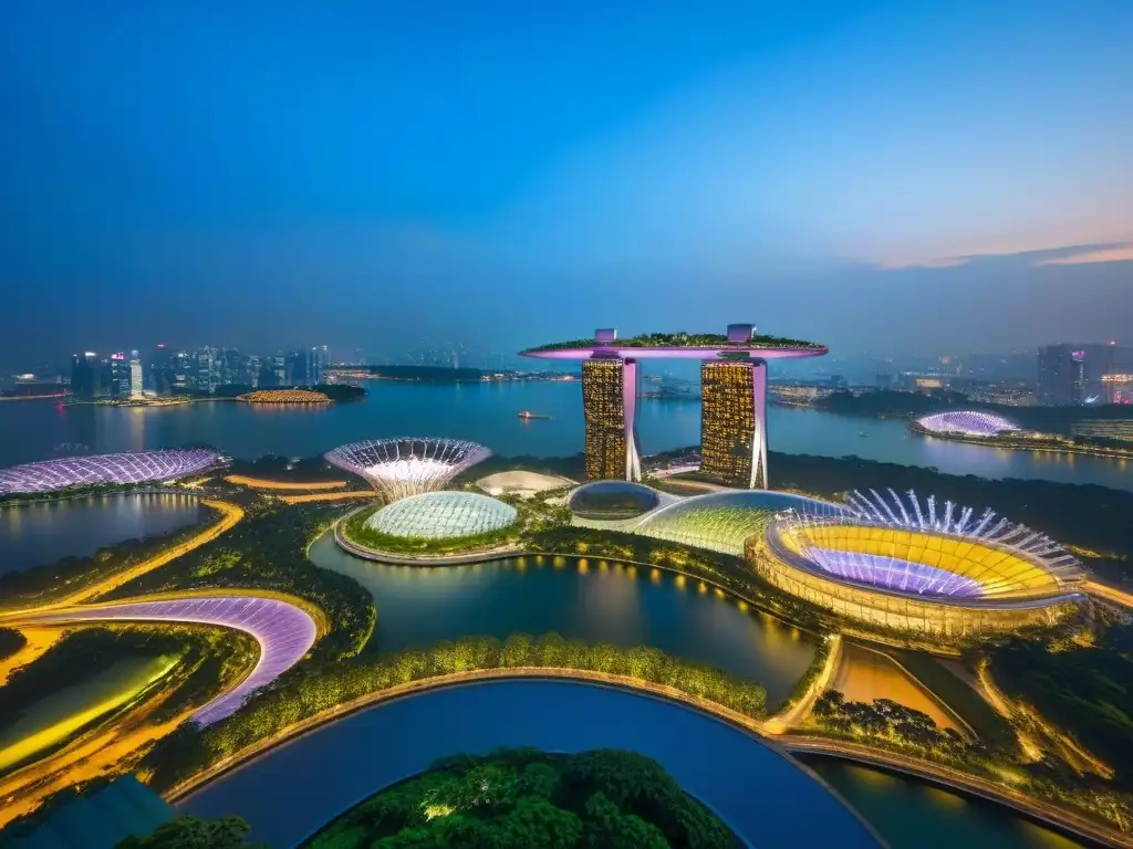 Vibrante Supertree Grove iluminado en Singapur, símbolo de urbanismo verde en Singapur