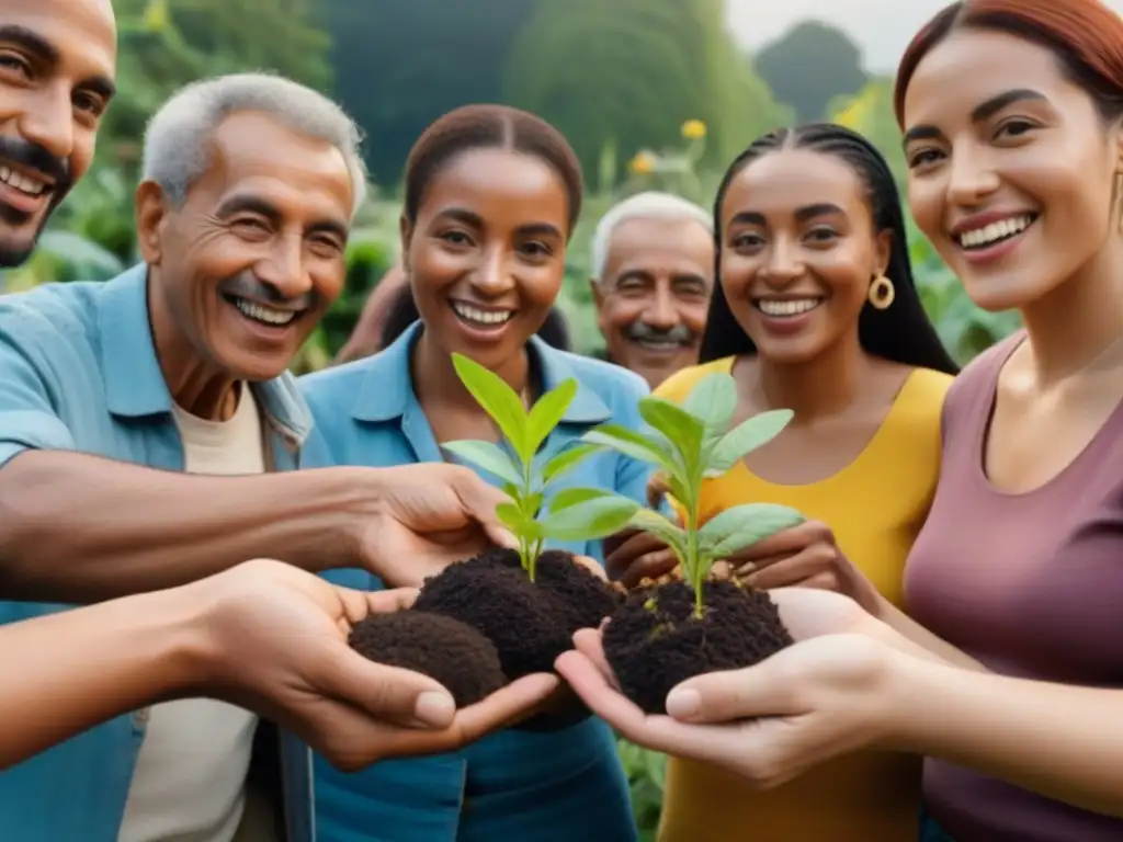 Un vibrante intercambio de semillas en jardines comunitarios, uniendo a personas diversas en un escenario lleno de vida y color