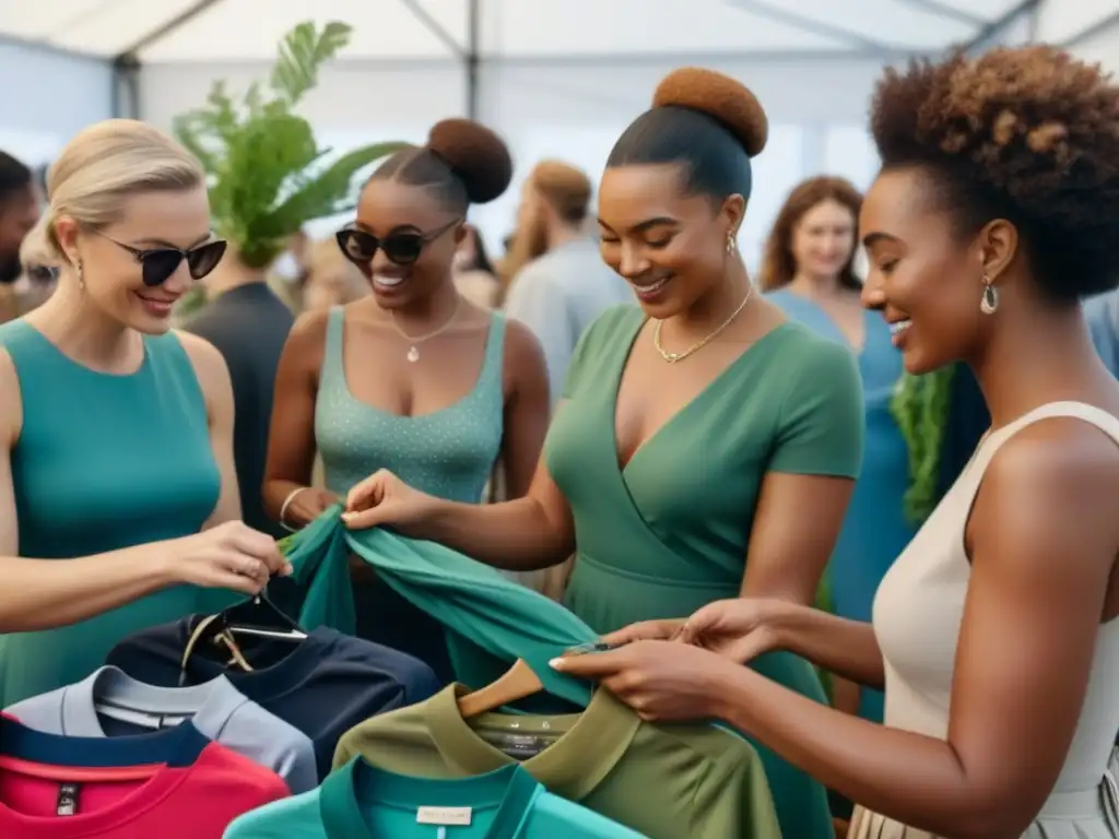 Una vibrante jornada de intercambio de ropa sostenible entre personas diversas, en un ambiente comunitario y fashion-forward